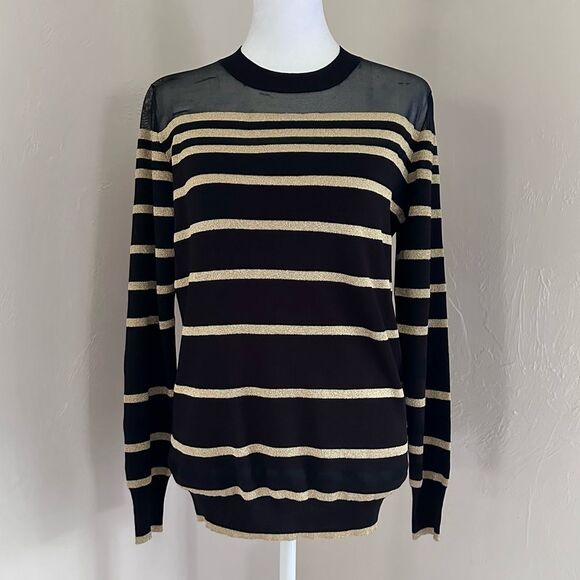 3.1 Phillip Lim Black and Gold Metallic Striped Sweater w/ Sheer Panel XS - Picture 1 of 14